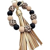 Phamines Silicone Beaded Keychain Bracelet Key Ring with Leather Tassel,Leopard Key Chain Holder Wristlet Bangle for Women