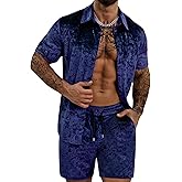 ZSJR Mens Tracksuit Diamond Velvet Shirts and Shorts Set Fashion Casual 2 Piece Outfits for Men