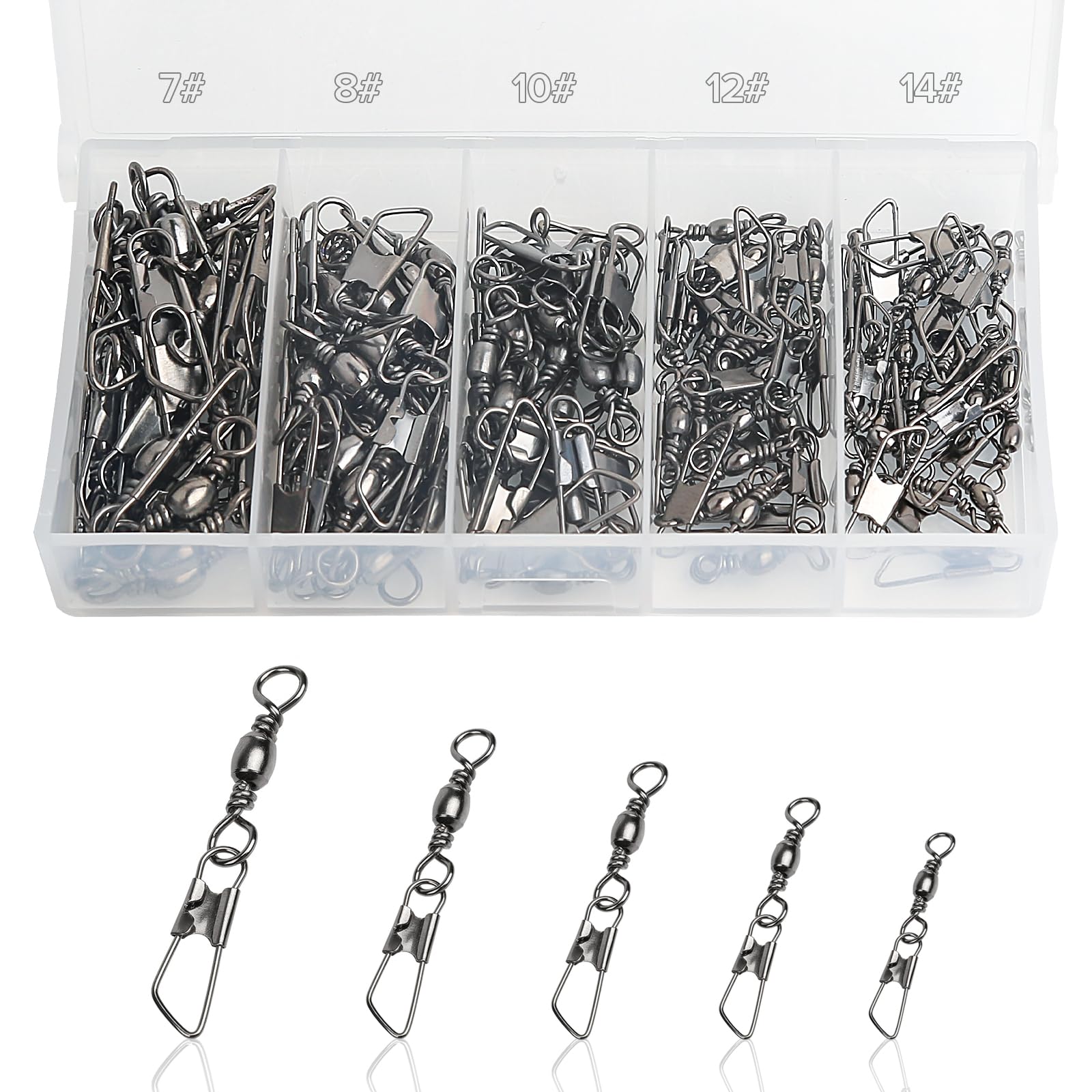 Realure 100/200 Pcs Fishing Swivels and Clips Safety Snaps Swivels Fishing Tackle Sea Fishing Swivels Rolling Swivel for Quick Change Swivels Fishing Hook to Line Connectors 7# 8# 10# 12# 14# (100)