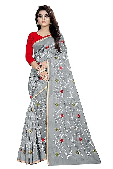 Womens Chanderi Cotton Blend Linen Embroided Style Saree with Blouse