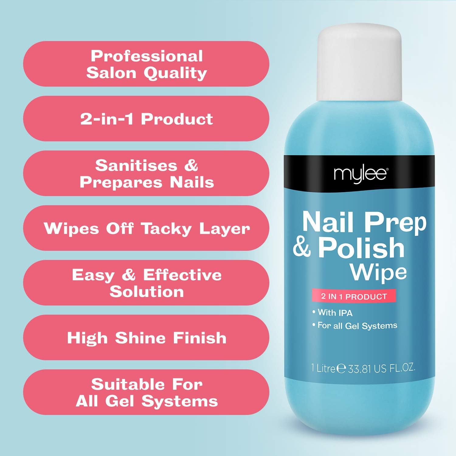 Mylee Prep + Wipe Gel Nail Polish Residue Cleaner Remover, 1000ml Bottle, Gel Nail Preparation - Image 3