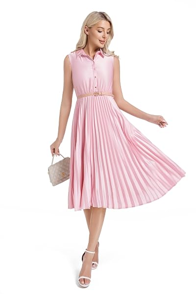ABLETREE WOMEN’S SATIN MIDI DRESS SLEEVELESS ELEGANT SHIRT COLLAR PLEATED A LINE DRESS WITH BELT FOR OFFICE WORK BUSINESS CASUAL WEDDING GUEST PARTY BLUSH PINK