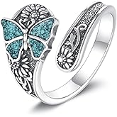 VONALA Vintage 925 Sterling Silver Butterfly Ring with Crushed Turquoise, Modern Vintage Women's Jewelry, Elegant Gift for Her,Adjustable Size 6–8