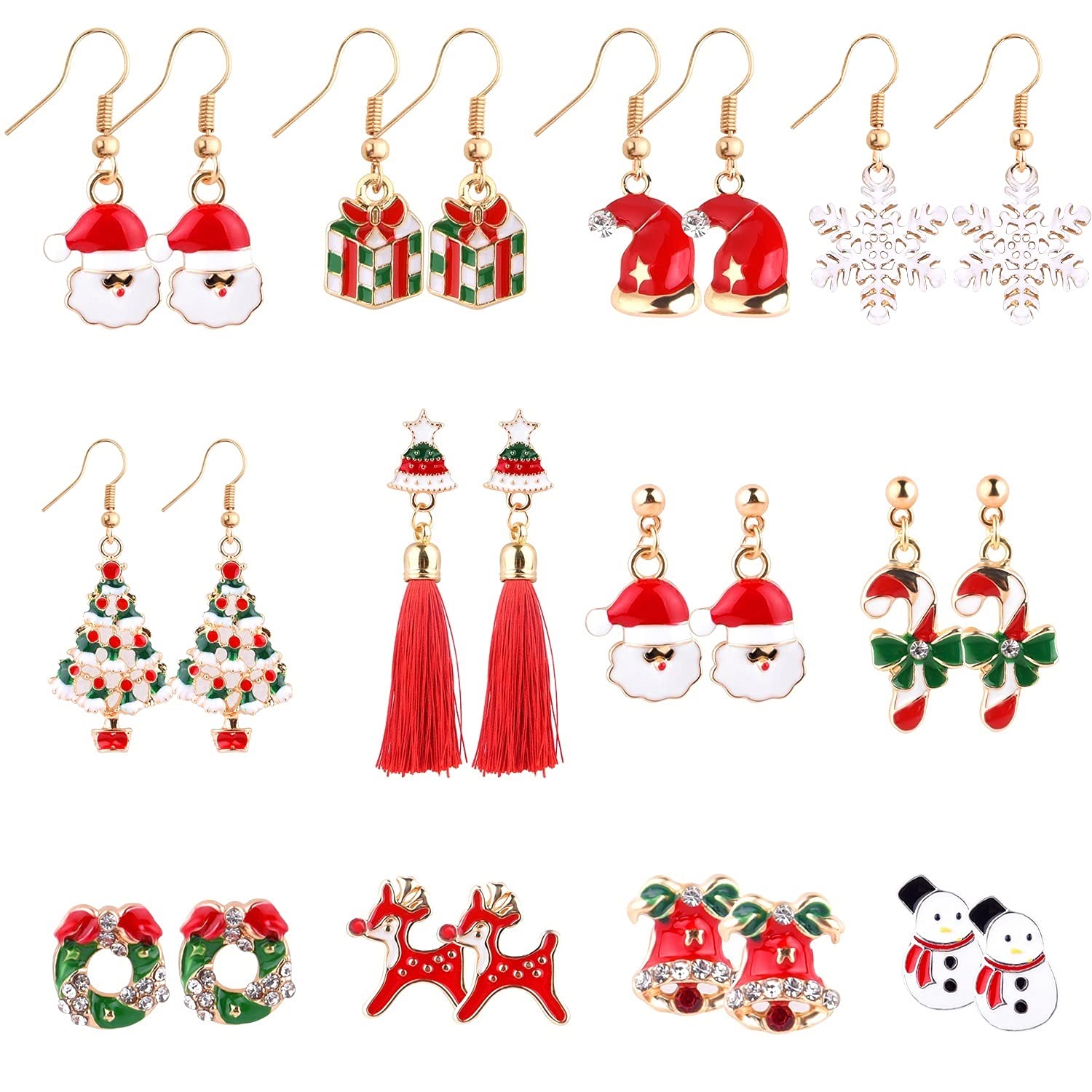 TUPARKA 12 Pairs Christmas Earrings Christmas Earrings with Santa Claus Snowman Snowflake Reindeer Christmas Trees for Women Girls