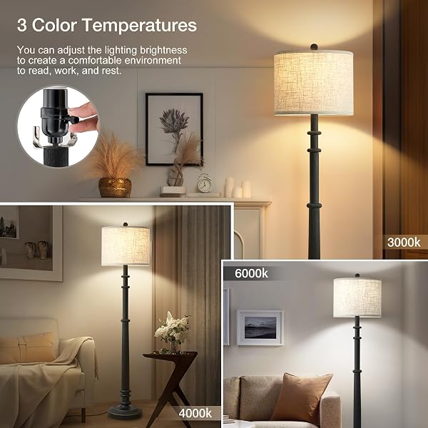 FLOOR LAMPS FOR LIVING ROOM – 60″ RESIN FARMHOUSE FLOOR LAMP WITH ADJUSTABLE COLOR TEMPERATURES – VINTAGE STANDING LAMP READING LIGHT WITH LINEN SHADE RETRO TALL LAMP FOR BEDROOM OFFICE, BLACK