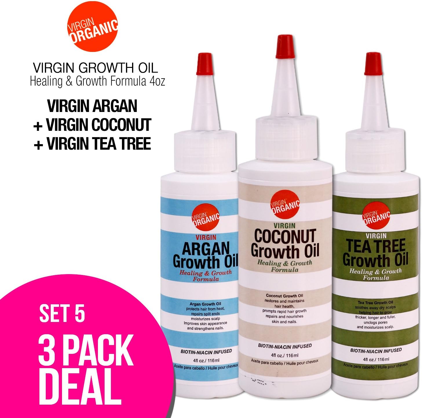 (3-in-one) VIRGIN ORGANIC Virgin Growth Oil Healing & Growth Fromula 4oz (Argan, Coconut, Tea Tree)