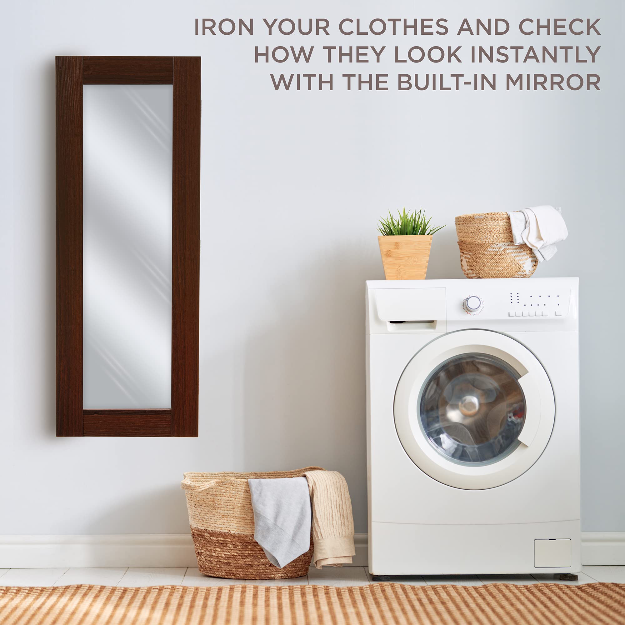 Ivation Wall-Mounted Ironing Board Cabinet, Foldable Ironing Storage Station for Home, Apartment & Small Spaces, Easy-Release Lever, with Miror Door, Walnut Color