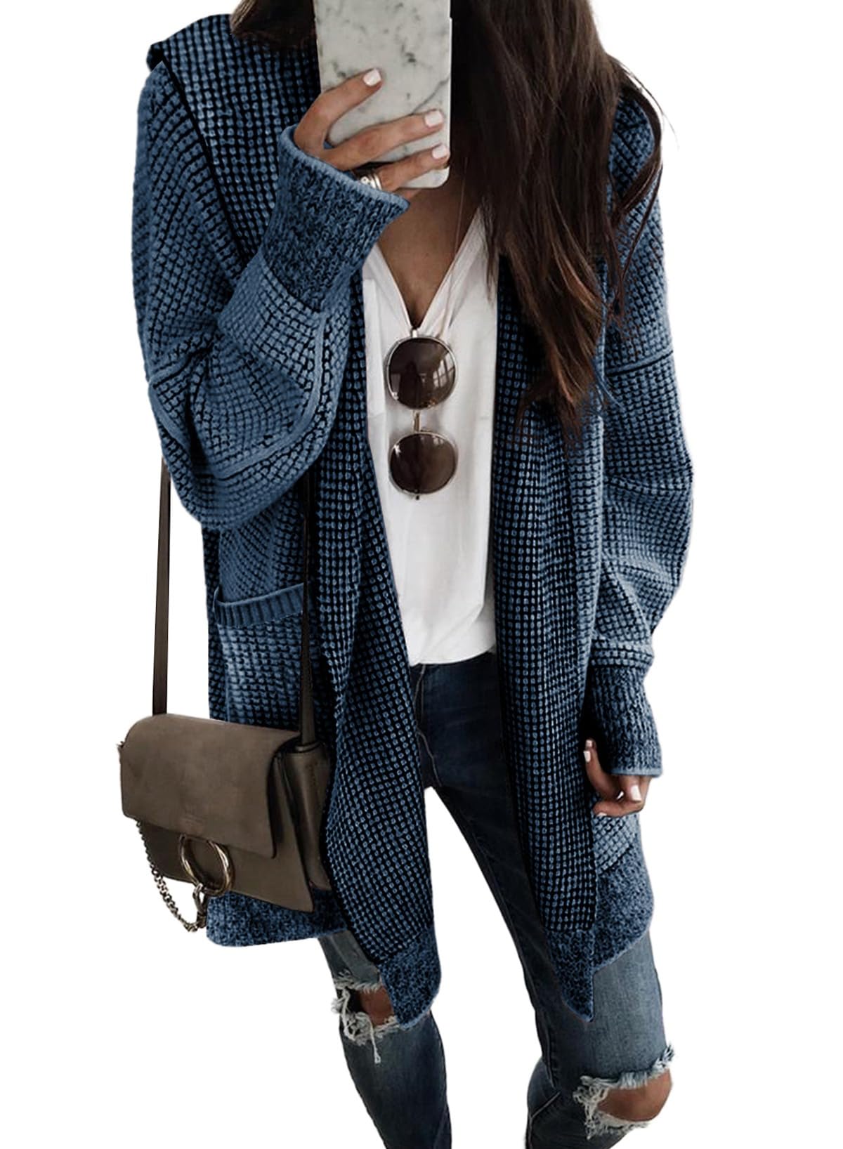 Photo 1 of Sidefeel Women's Fall Winter Hooded Cardigan Oversized Open Front Chunky Knit Plaid Sweaters Outwear Sky Blue Medium
