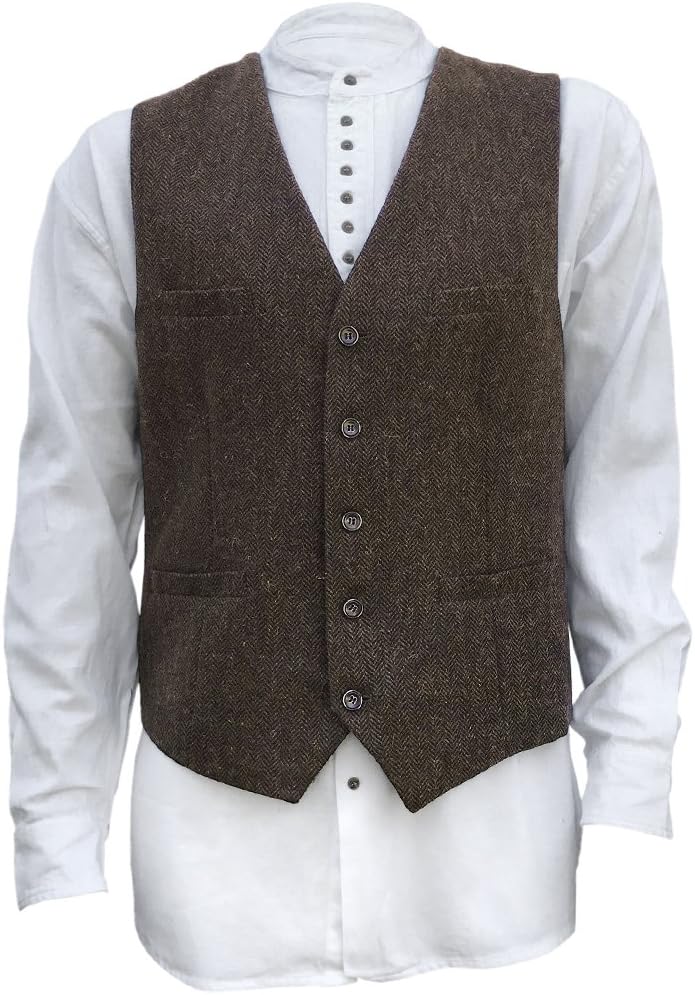 The Celtic Ranch Men's Blended-Wool Tweed Vest, Full Back with Fabric Belt, 4 Pockets, Herringbone Pattern