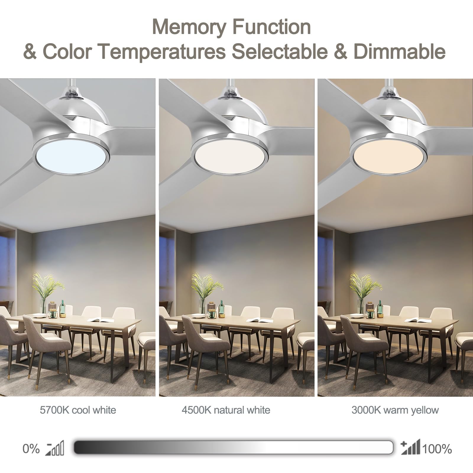 Fanliving 52 Inch Modern Silver Ceiling Fan with Lights Remote Control, Quiet DC Motor/Dimmable 3 Color LED/6 Speed High CFM/3 Blade Indoor Ceiling Fans for Bedroom/Living Room