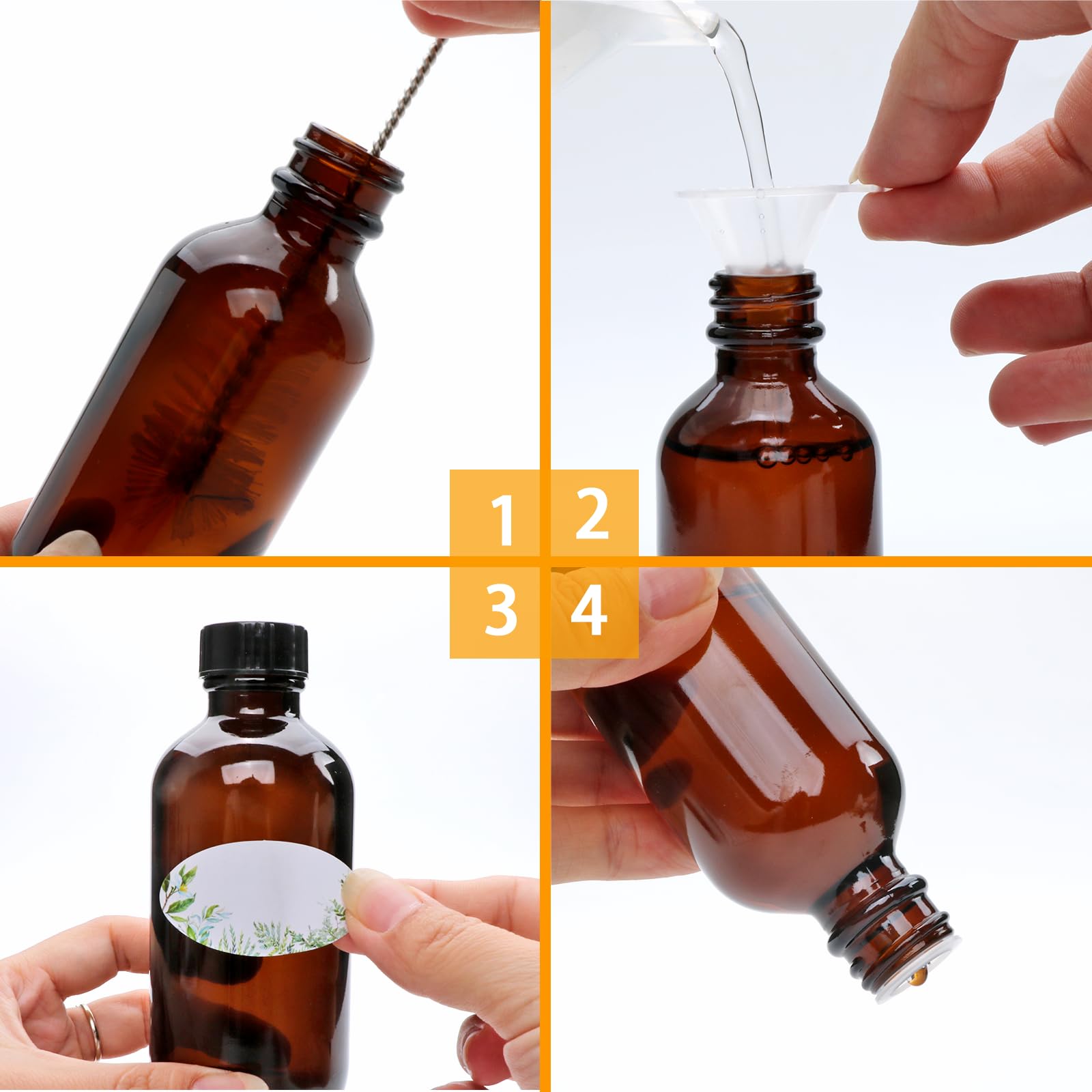 Maredash 4oz Amber Glass Bottles, Boston Round Glass Bottles (50 Pack) with Leak-proof Caps, Refillable Container for Homemade Vanilla Extract, Essential Oils, Herbal Medicine and More