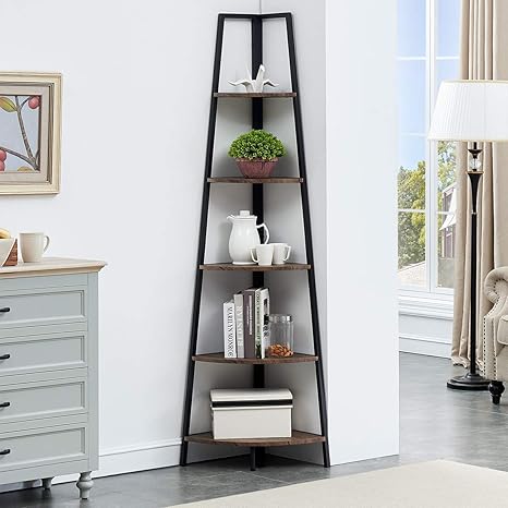 O K Furniture 5 Shelf Corner Etagere Bookcase For Small Space