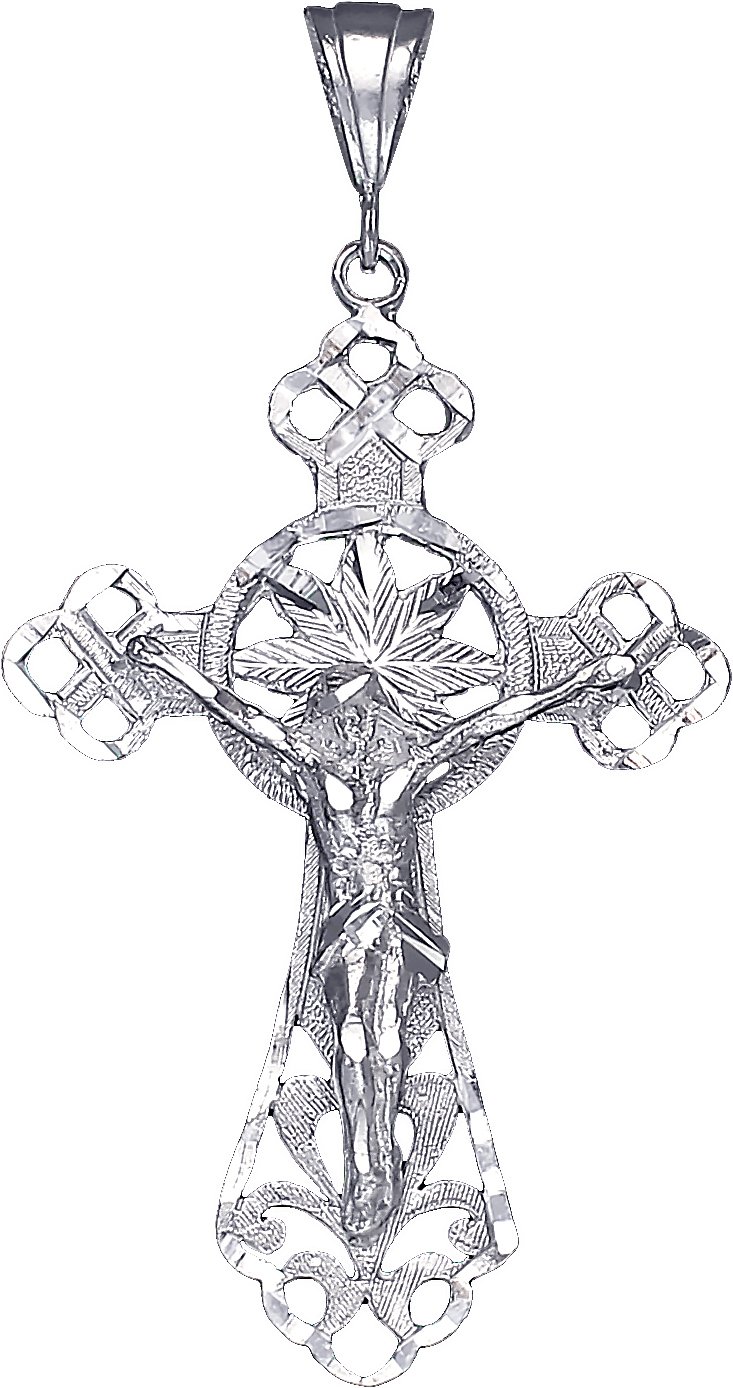 Large Sterling Silver Cross with Jesus Pendant Necklace Diamond Cut Finish