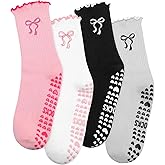Jspupifip 4 Pairs Women Non-Slip Yoga Socks Cute Ruffle Grippy Socks for Pilates Barre Ballet Fitness Workout