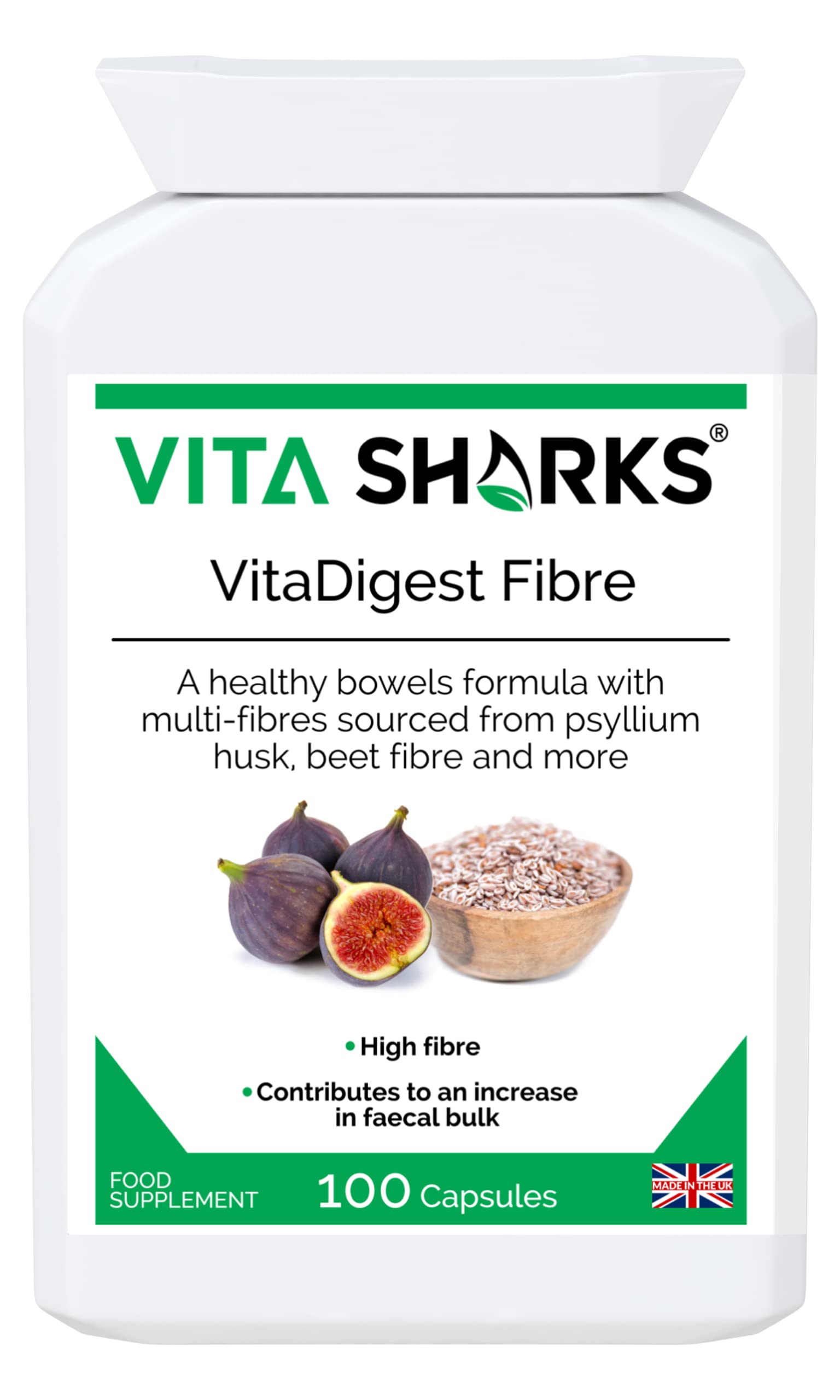 VitaDigest Fibre - Vegan Dietary High Fibre Capsules for Healthy Clear Bowels & Increased Faecal Bulk with Psyllium Husk Fiber, Flaxseed & Beetroot - Kosher