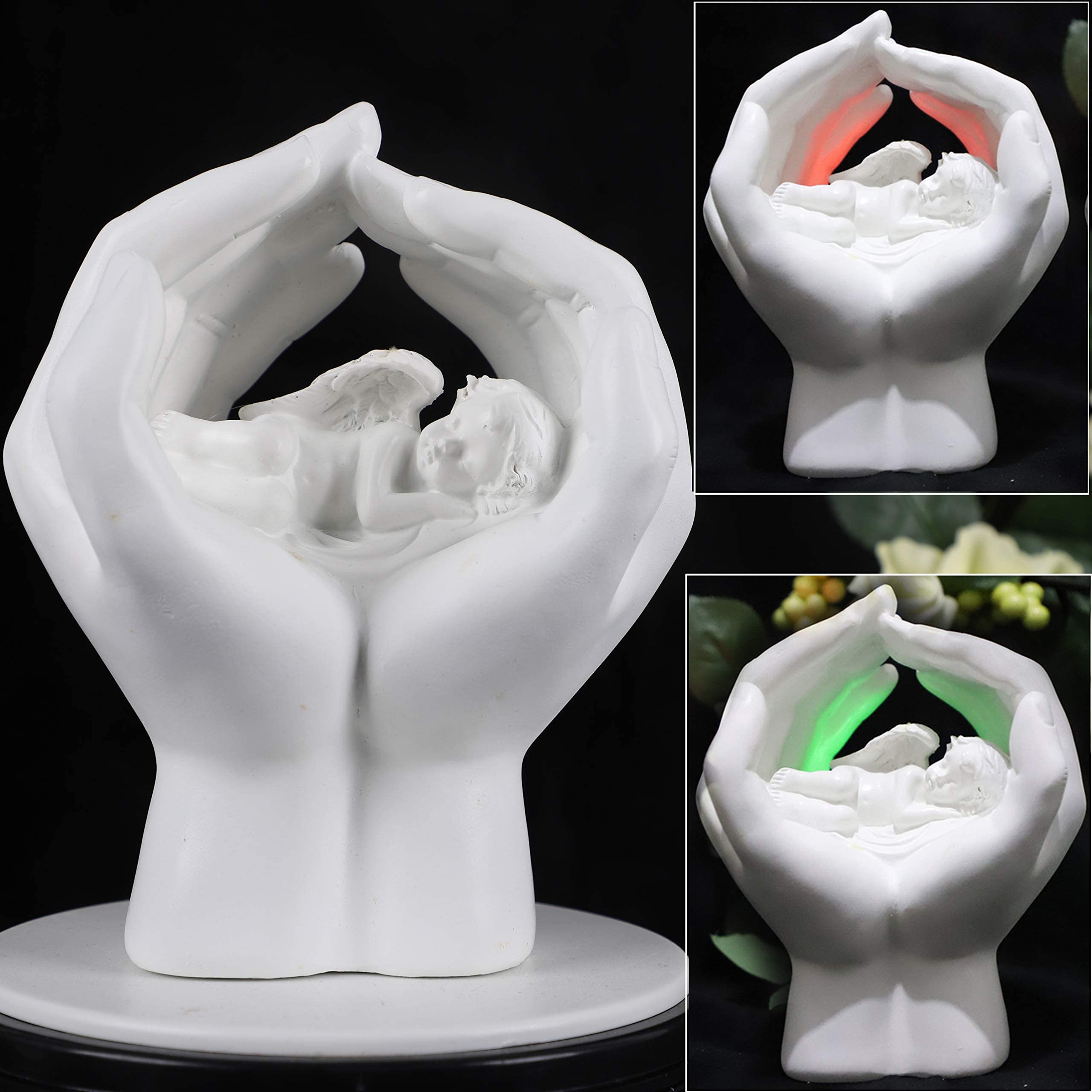 Photo 1 of JUNIQUTE Sleeping Resting Angel in God's Hand with Colorful Light Fairy Garden Deco Cupid Statue Home Deco Cherub Statue Baby Sculpture Figurine Memorial