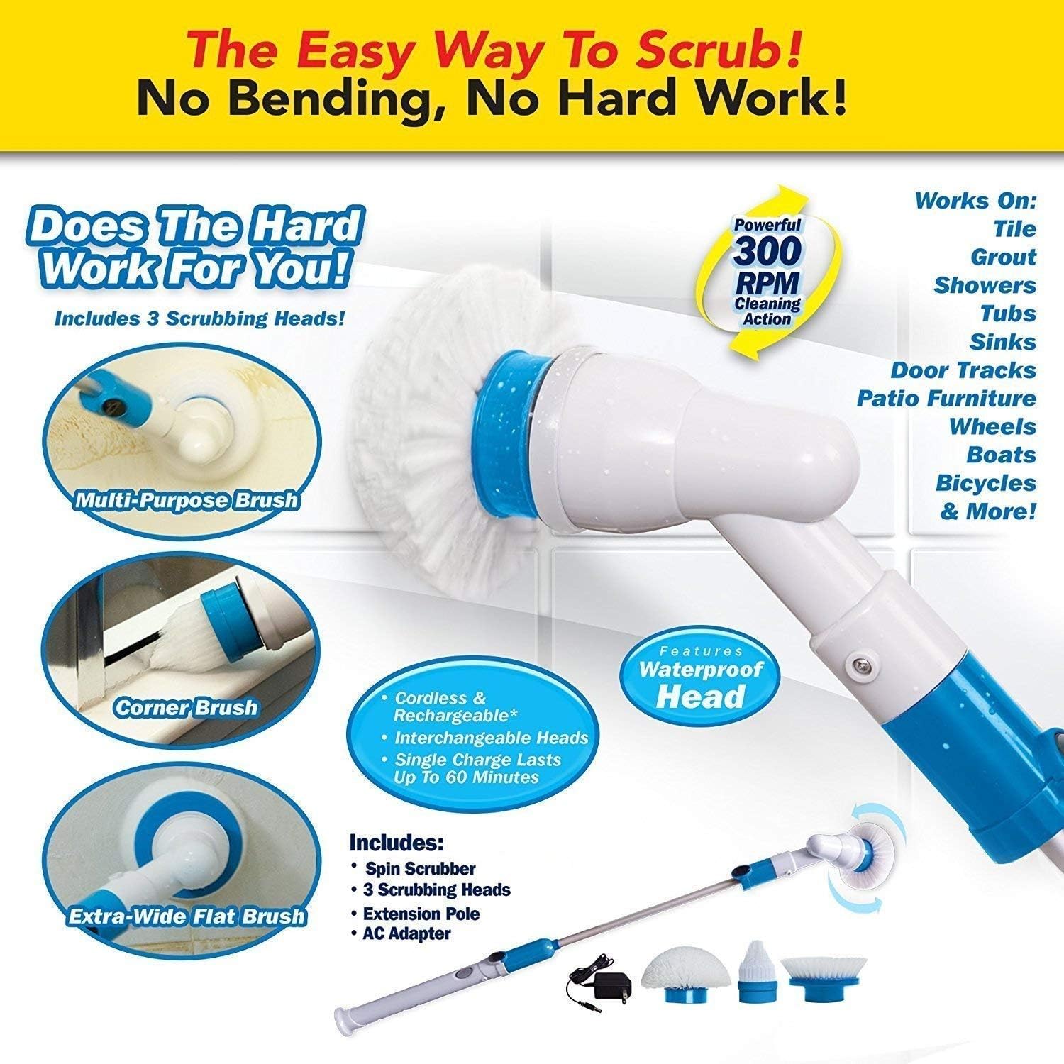 SKYLAWN Plastic Electric Spin Scrubber Brush for Bathroom Floor Tiles Cleaner Tool Wireless Automatic Cleaning Scrubbers with Long Handle (White and Blue, Large)