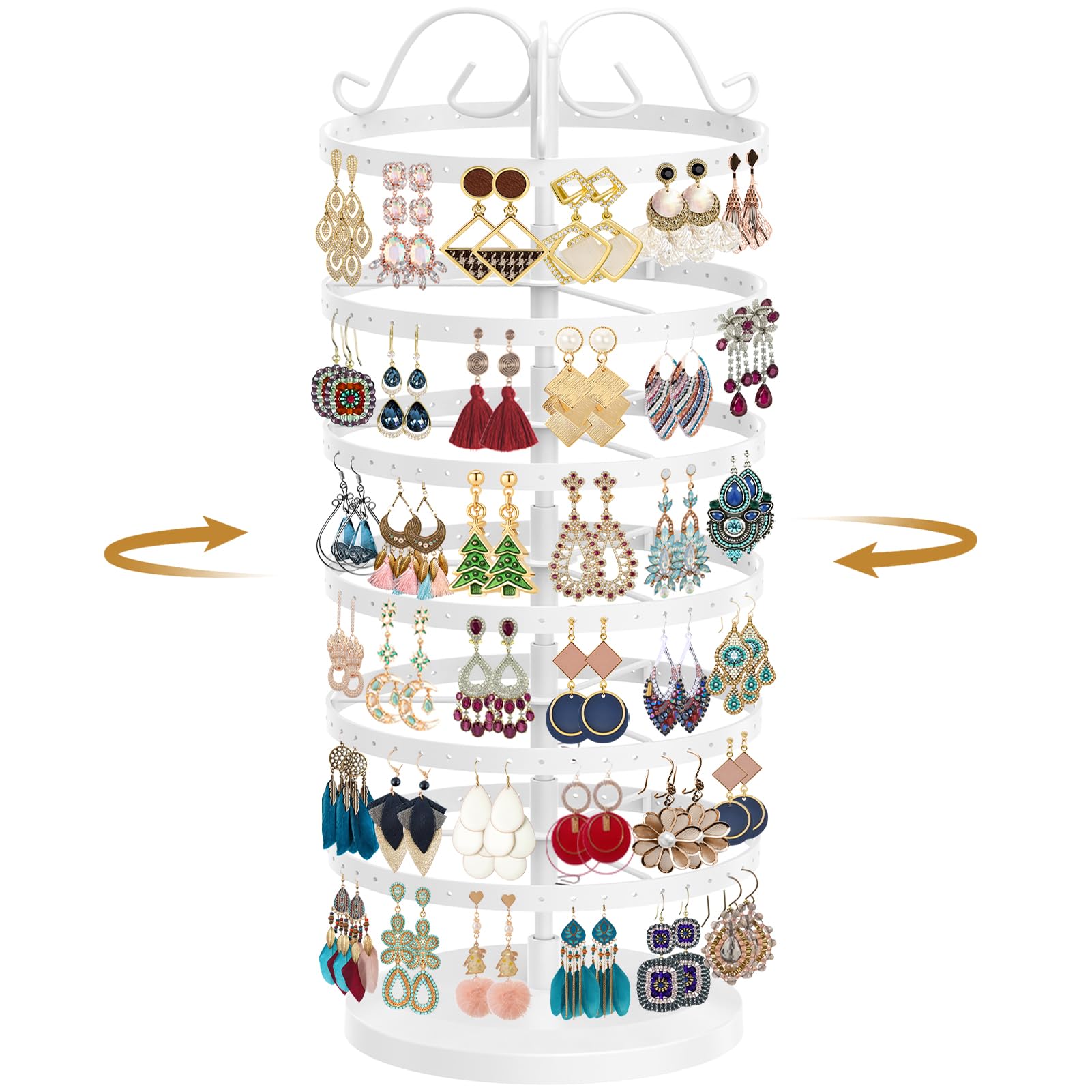 TANOSAN Rotating Earring Holder Organizer Stand, 6 Tier Large Capacity Jewelry Display Tree for Women Vendors, 264 Holes Adjustable Metal Rack for Stud Hoop Dangle Storage, Spin for Easy Access, White
