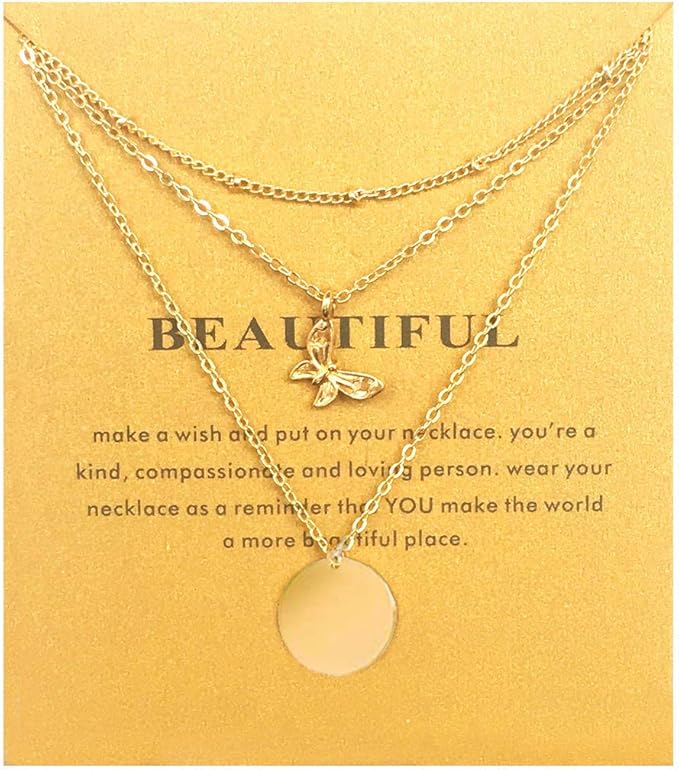 Download 3 Layered Necklaces Butterfly Necklace Dainty Disc Pendant With Chain Message Card For Friendship Valentine Gold Clothing Amazon Com
