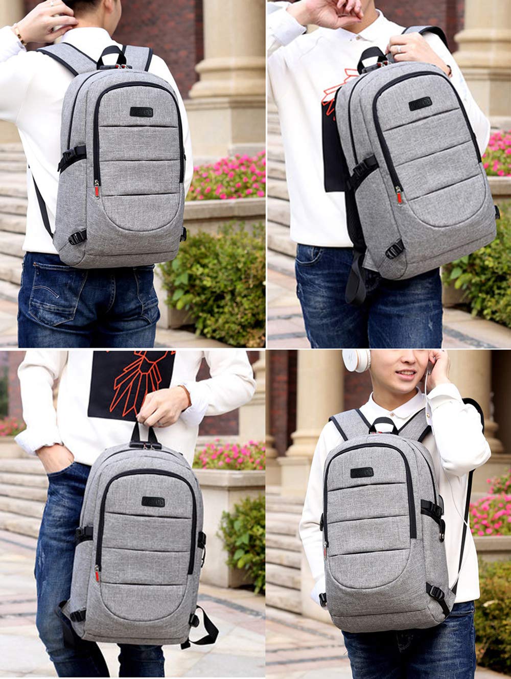 Laptop Backpack Business Travel Computer Backpack Anti Theft Waterproof Bag with USB Charging Port & Headphone Interface for College School Students Women and Men Fits for 15.6 Inch Laptop … (Grey)