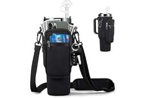 VGHNQ Water Bottle Carrier Bag with Pocket for Stanley 40 oz Tumbler with Handle Neoprene Sports Water Bottle Holder Pouch with Adjustable Strap, Straw Cover Carabiner for Stanley Cup Accessories (Black)