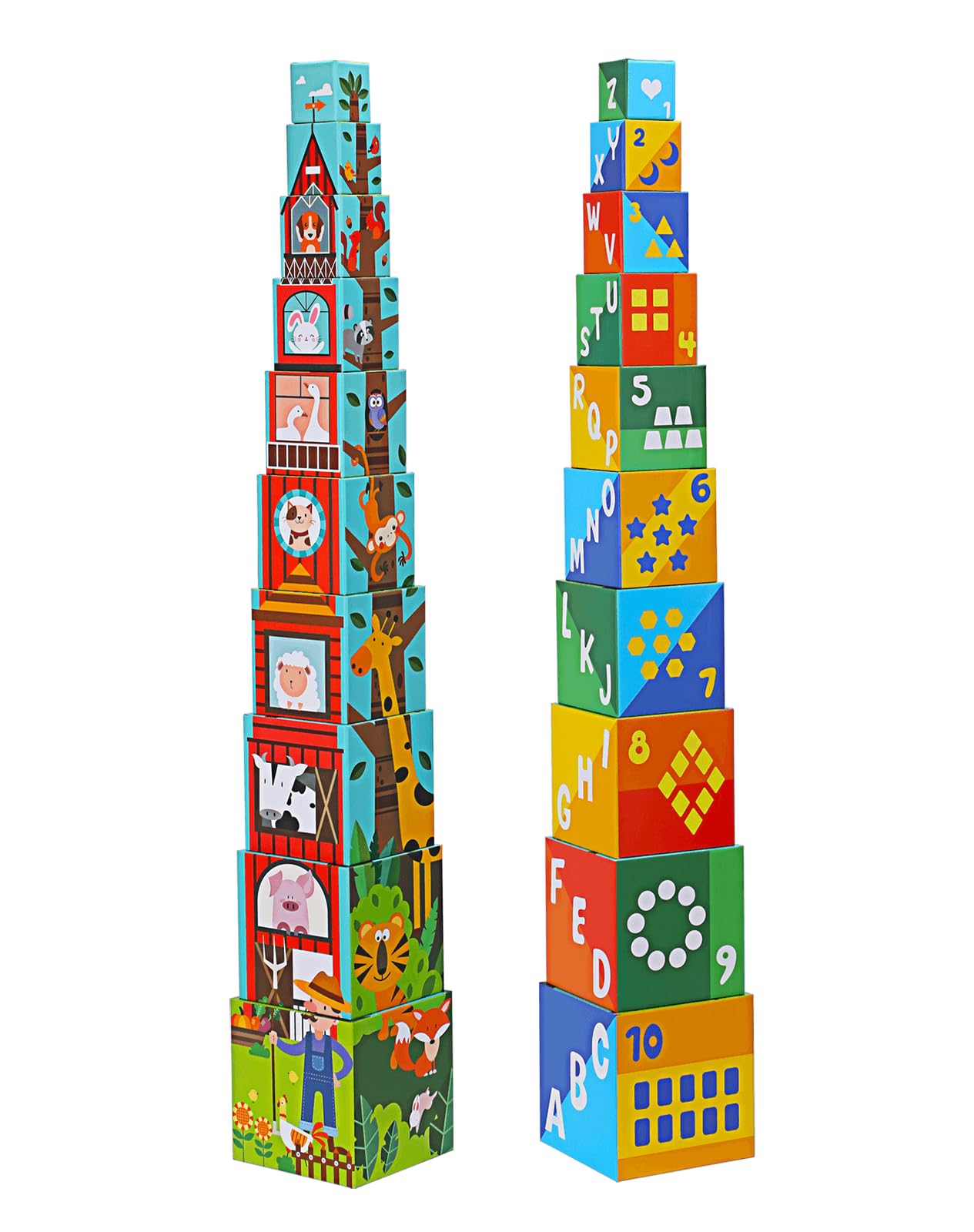 Animal Sorting and Stacking Blocks - Educational ABC & Numbers Toy for Babies and Toddlers - Montessori Learning Tower -10 Nesting Cubes Building Set - Ideal Present for Boys & Girls