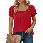 Tankaneo Womens Short Sleeve Shirts Puff Ruffle Sleeve Scoop Neck Pleated Tops Summer Casual Loose Fit Henley Shirt