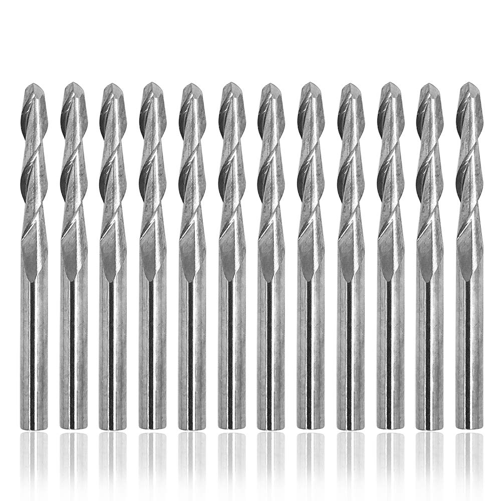 12 Pcs 1/8"(3.175mm) Ball Nose End Mills, AFUNTA Ball Nose Bits 3mm Cutting Dia Cutter, Tungsten Steel Upcut Bit 17mm Flute Length