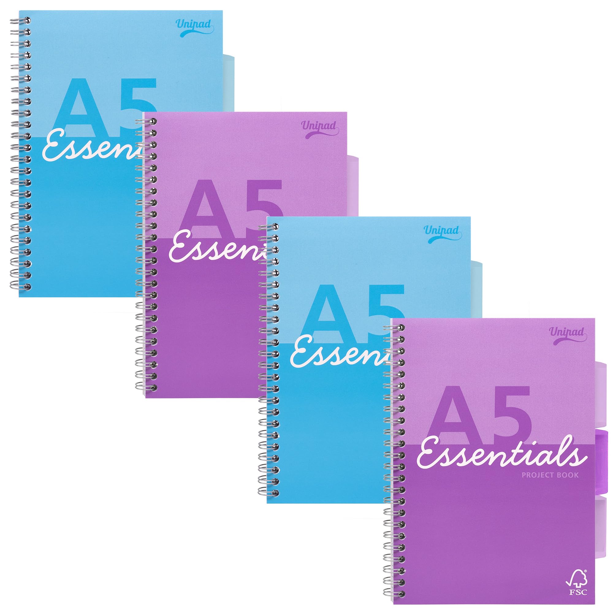 Pukka Pad Essentials A5 Project Books – Pack of 4 Assorted Blue & Purple Notebooks with 200 Pages, 100 Sheets of 60GSM FSC Paper, Perforation, and 3 Repositionable Dividers – Side Twin Wire Binding
