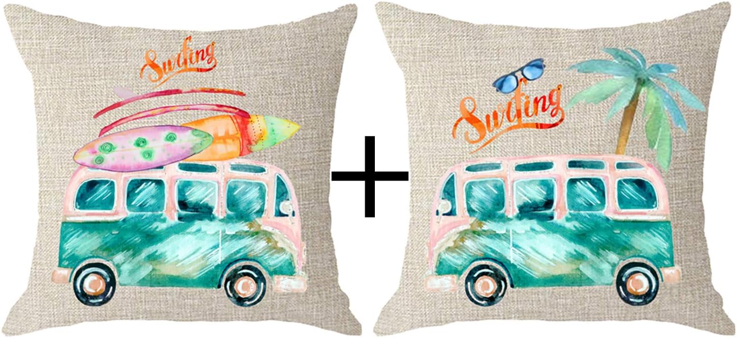 NIDITW Set of 2 Spring Holiday Camping Gift Watercolor Bus Surfboard Tropical Palm Tree Glasses Body Cream Burlap Throw Pillow Cover Cushion Shell Sofa Decorative Square 18x18 Inches
