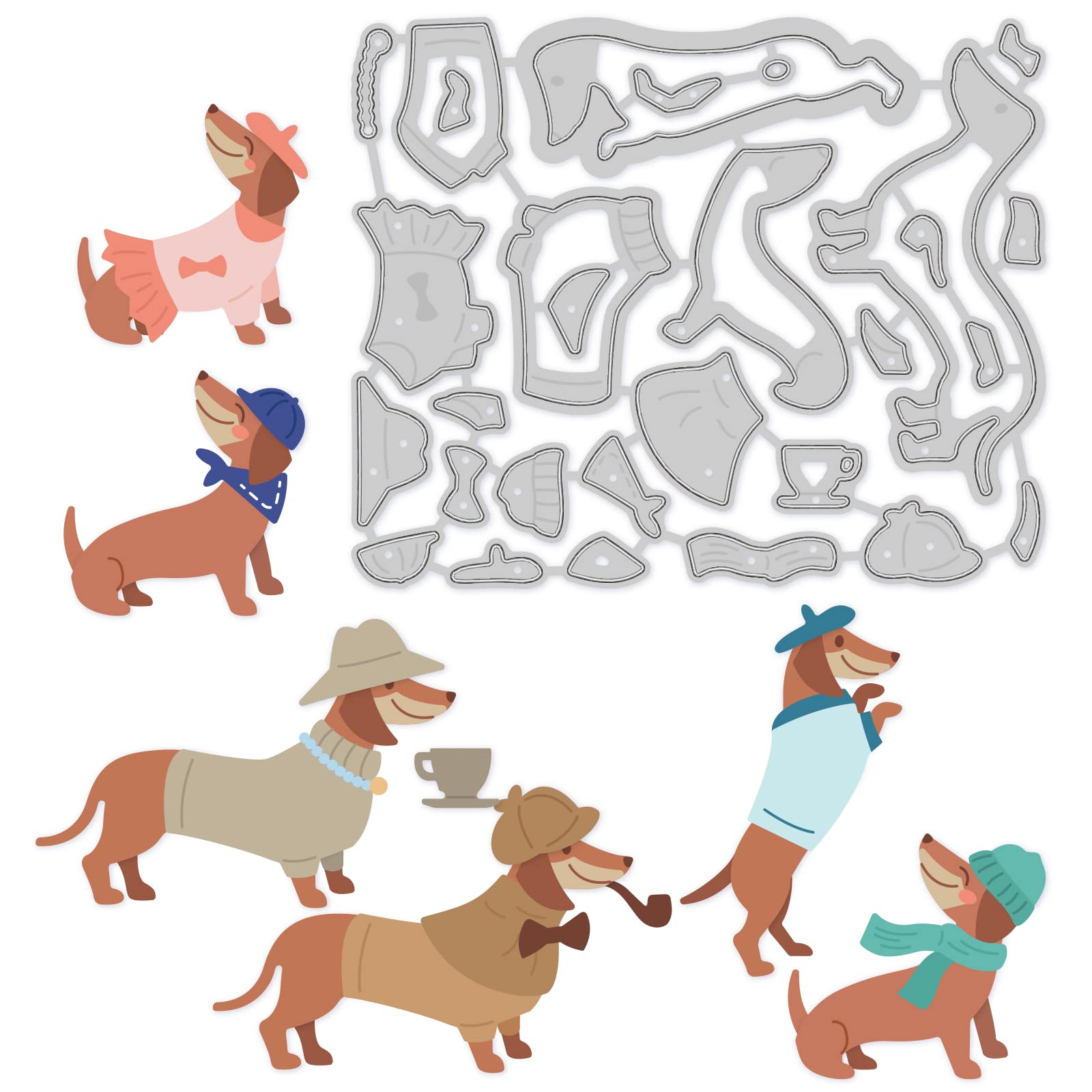 BENECREAT Animal Cutting Dies Dog with Coffe Hat Metal Stencil Template 9.2x7.6cm Embossing Stencils for DIY Crafts Scrapbook Album