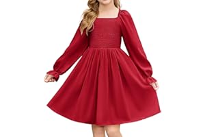Arshiner Girls Long Sleeve Smocked Skater Fall Winter Elegant Dress with Pockets
