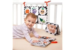 TUMAMA Baby Crib Black White Hanging Toy, Soft Cloth Shape Book, Crib Play Mats High Contrast Double Sides, Floor Mirror Books Letters Numbers Animals for Baby 0 3 6 9 12 Months