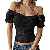 Women's Floral Lace Crop Tops Sexy Off Shoulder Puff Sleeve See Through Summer Shirts Going Out Club Coquette Clothes