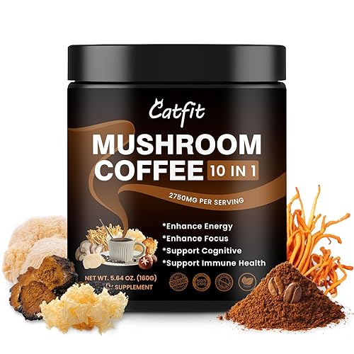 Catfit Mushroom Coffee Powder, 10 Mushroom Blend Supplements with Lion's Mane, Chaga, Cordyceps, L-Theanine for Energy, Focus, Cognitive and Immunity, 50 Serving