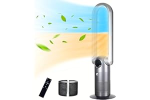 Ocean Loong 1500W Space Heater & 38.6” Bladeless Tower Fan for Home Bedroom, Eco Electric Heater with Adjustable Thermostat, Tip-Over Switch, Remote, Timer, Oscillating Floor Fan, AC68, (Grey)