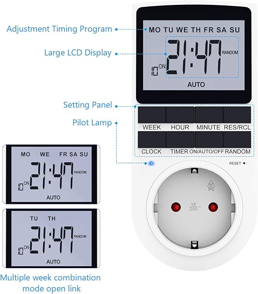 RATEL Digitale Elektronische Zeitschaltuhr Steckdose 10 Programmierbarer Plug In Timer Schalter mit Reset Tool LCD Display und Anti Theft Zufallsmodus fr Beleuchtung Lfter usw
