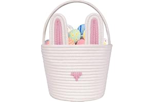 Poschnor Large Easter Basket Empty with Gift Bags and Ribbons, Easter Bunny Basket for Kids, Woven Cotton Rope Storage Bins for Organizing, Pink