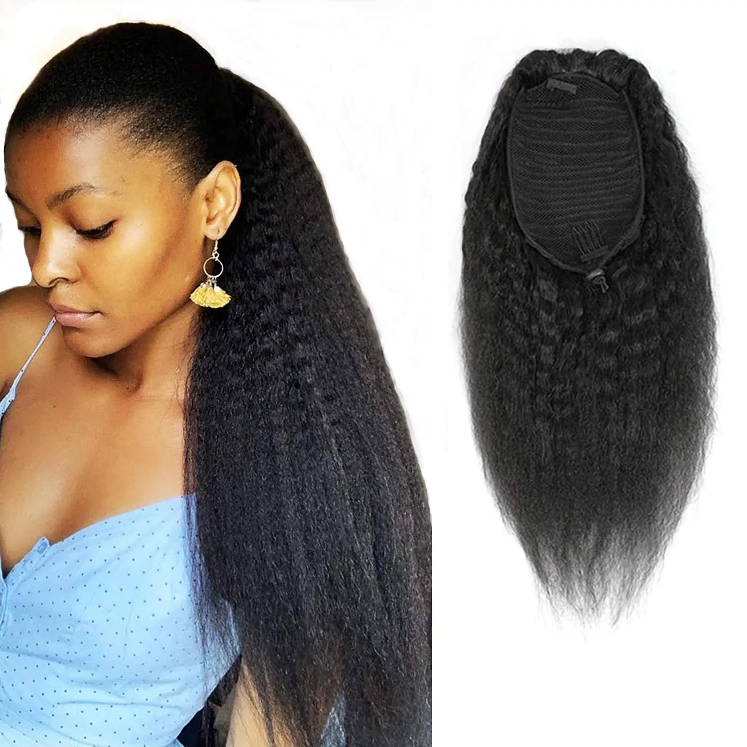 Luovce Ponytail Extension Human Hair Kinky Straight Ponytail Hair Extension (Drawstring Ponytail, 20 inches)