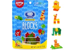 AMOS 4D Gummy Blocks Candy Bricks, Edible Building Blocks, Themed Novelty Candy for Kids Birthday Party, Cupcake Topper, Gluten Free, Resealable 2.54oz Bag (Pack of 3)