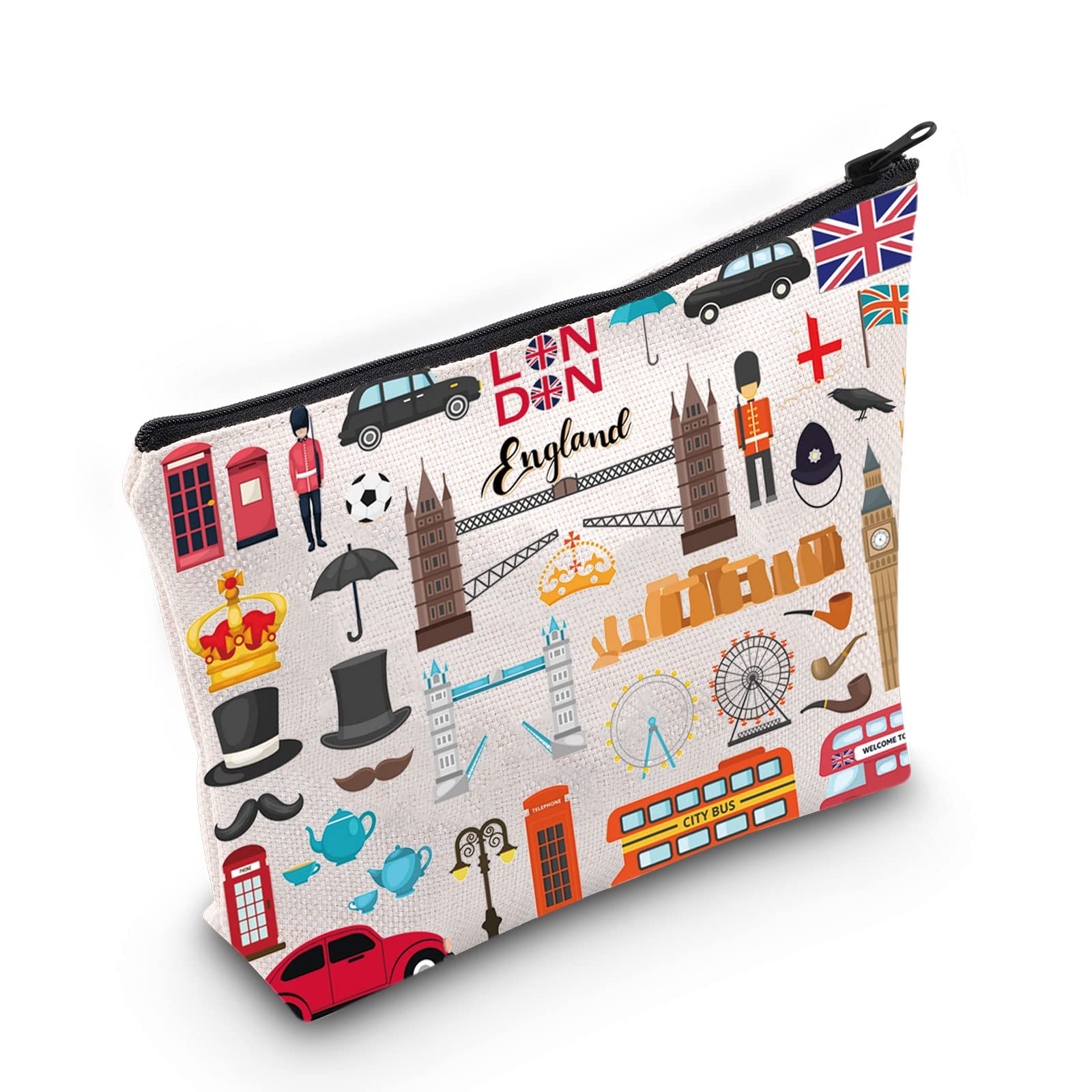 LEVLO London Travel Gift British Theme Cosmetic Bag England Souvenir Gift United Kingdom Make Up Zipper Pouch Bag, London, Cosmetic Bag