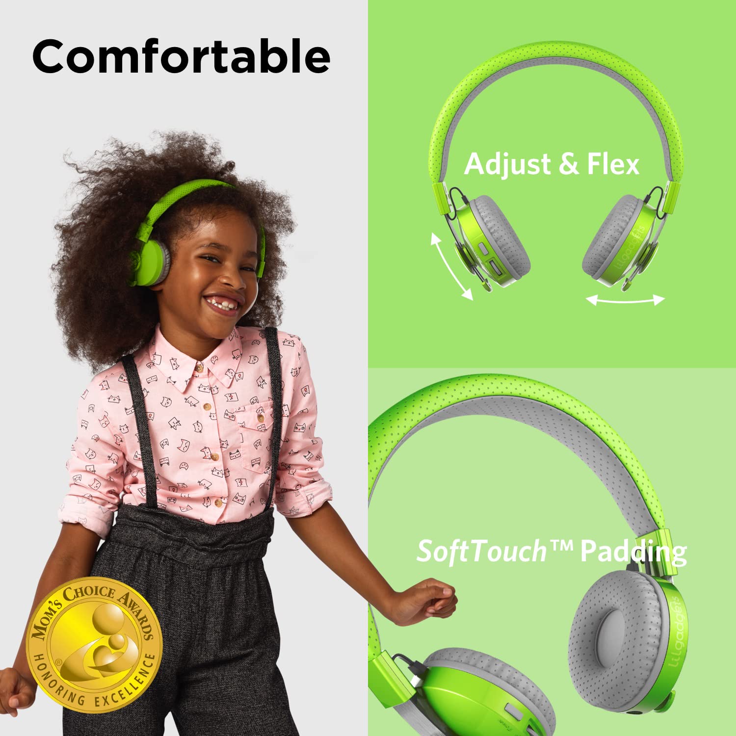 LilGadgets Untangled Pro On-Ear Wireless Kids Headphones for School, Microphone, Volume Limited, SharePort Technology, SoftTouch Padding, Green