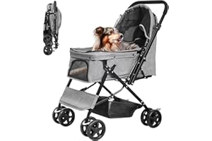 LPOTIUS Dog Stroller for Large Medium Dogs & Cats with Reversible Handle, Foldable Pet Stroller Travel Carriage with Large Storage Basket, Gray