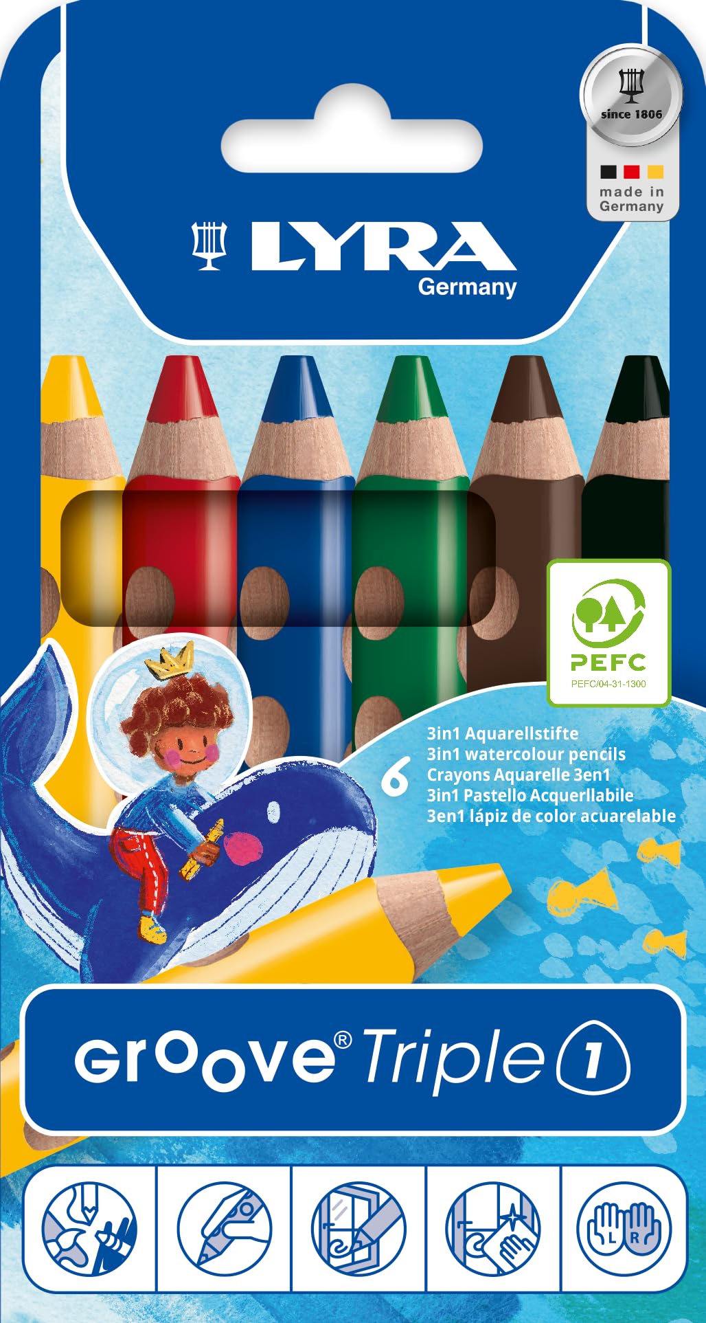 LYRA Groove Triple One Wooden Chunky Colouring Pencils 3 in 1, 6 Assorted Colours, Ideal for Children and Schools — image 1
