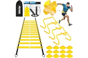 KUTIZE Agility Training Equipment, Soccer Training Equipment, Agility Speed Training Set for Kid Youth Adult, 20FT Agility Ladder, 4 Hurdles,12 Soccer Cones, Jump Rope, Running Parachute, Drill Charts