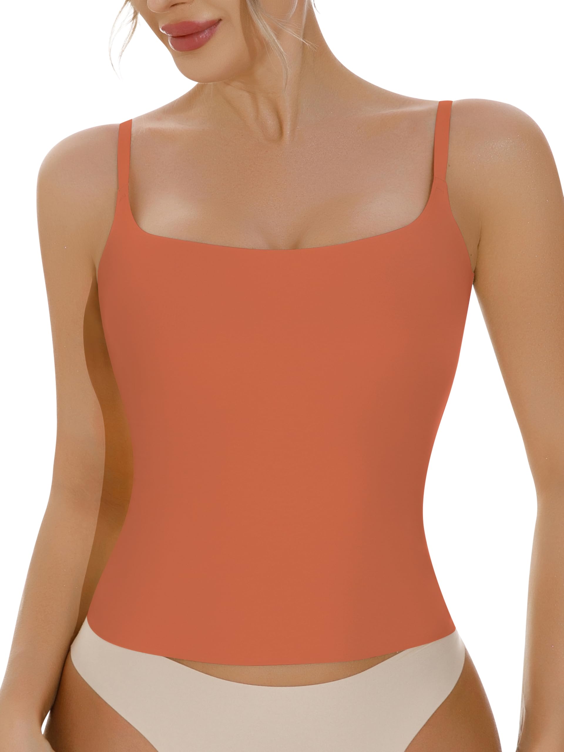 Photo 1 of Artdear Women's Square Neck Tank Top Basic Spaghetti Straps Camisole Sexy Double Lined Cami Crop Tops Air Touch Fabric (X-Large, Jaffa Orange)
