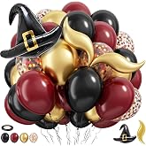 Burgundy Black Gold Balloons, 12 Inch Magic Themed Party Decorations | Includes Witch Hat &amp; Gold Horn Foil Balloons, Decorations For Birthday, Graduation And Baby Shower Celebrations