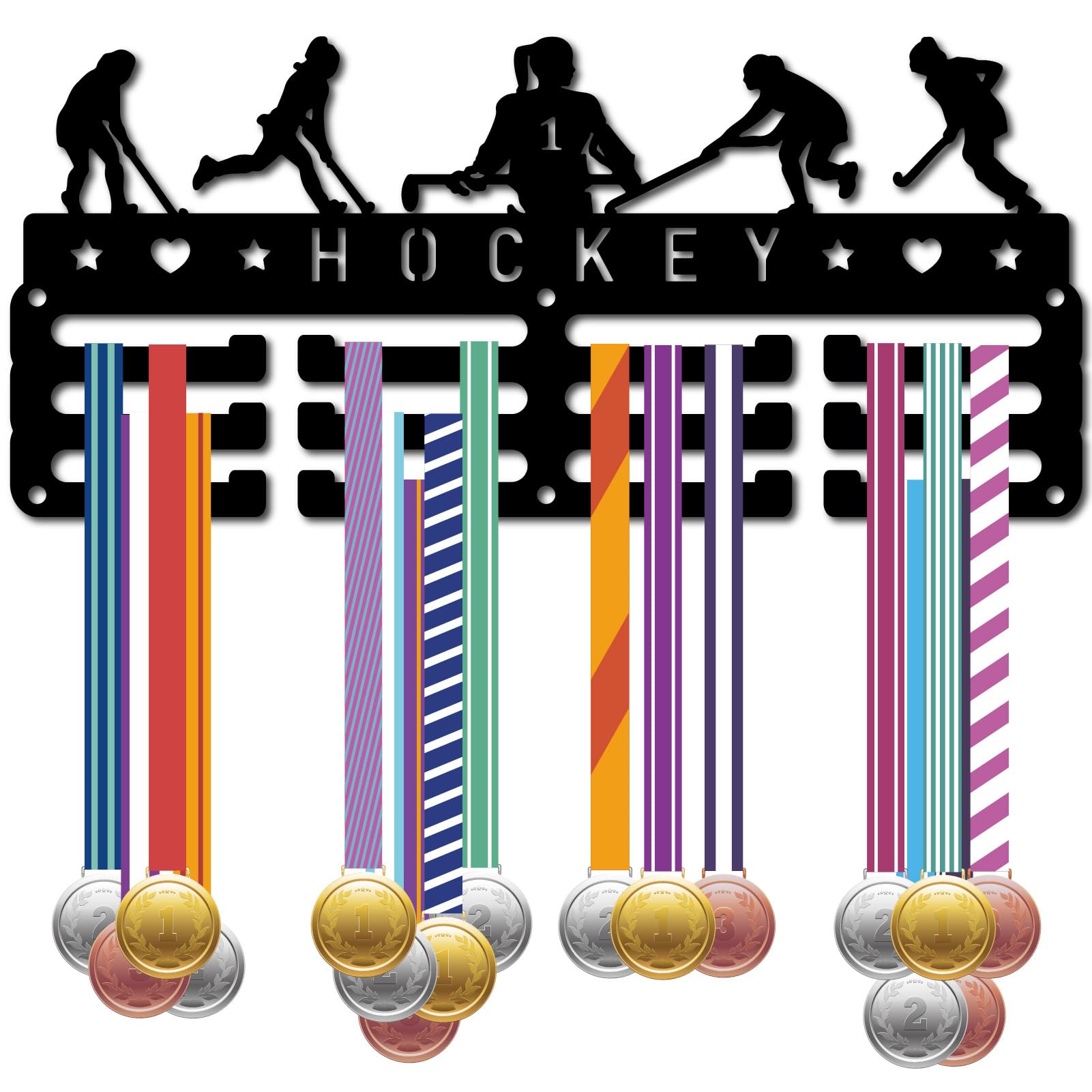 CREATCABIN Hockey Medal Holder Display Medal Hangers Sports Rack Hooks Hang Awards Small Wall Mount Frame Metal Medal Hanger for Hanging Over 40 Medals Badges Organizer Black 11.4 x 5.1Inch Black