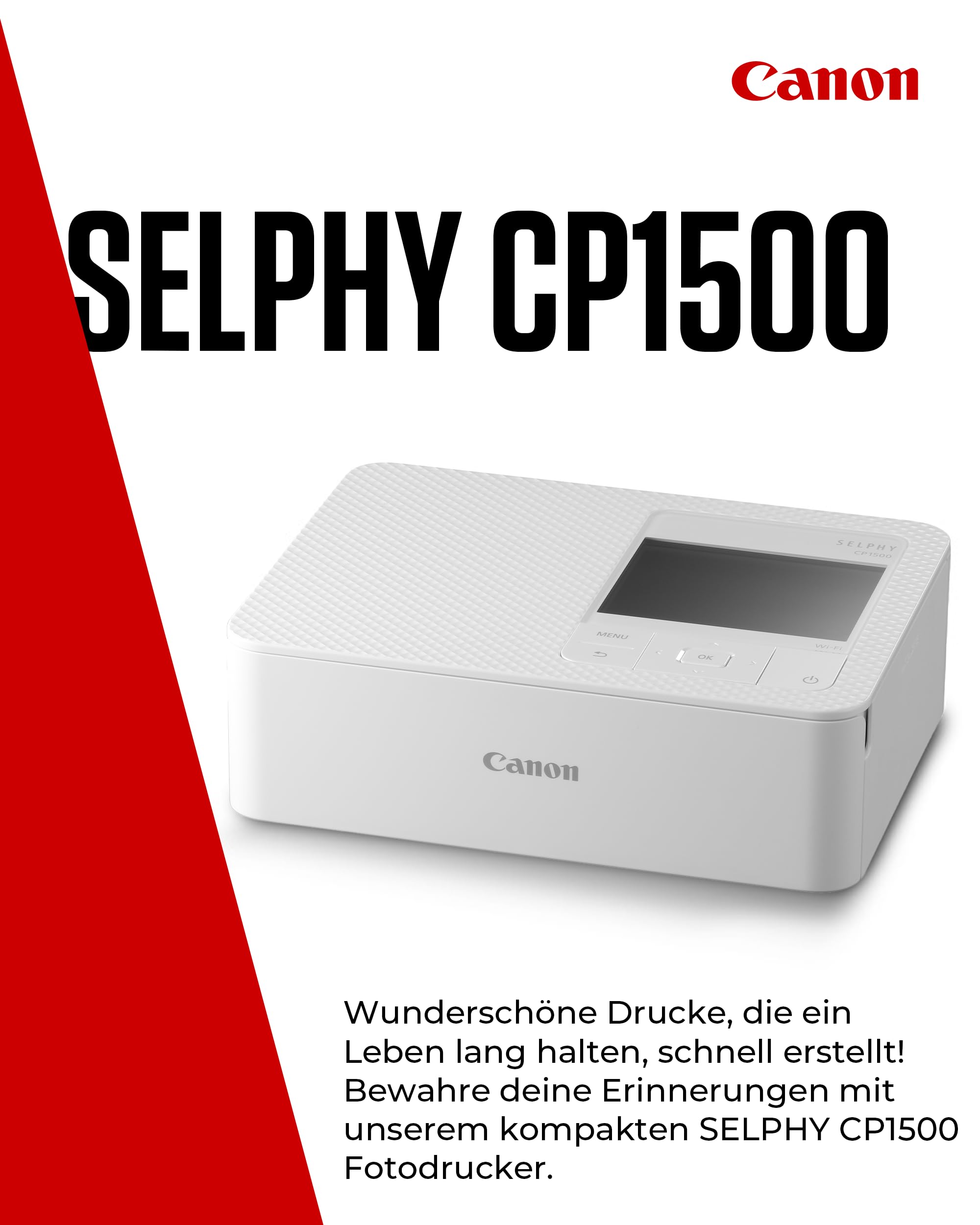 Canon SELPHY CP1500 Mini Fotodrucker mobil tragbar unterwegs (bis Postkartengröße 10x15cm, WLAN, Handy, kabellos, Thermosublimation, App, farbstabil 100 Jahre) weiß [ohne Farbband/Papier, ohne Akku] 2