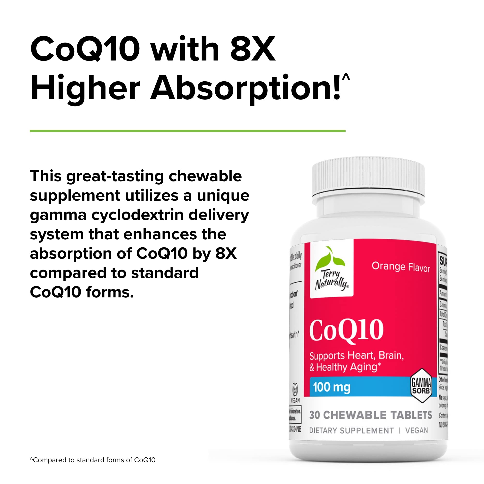 Terry Naturally CoQ10 Chewables - Cellular Energy Support Supplement - Higher Absorption CoQ10 Chewable Supplement - Nutritional Supplement to Aid Healthy Aging & Brain Health - 30 Chewables
